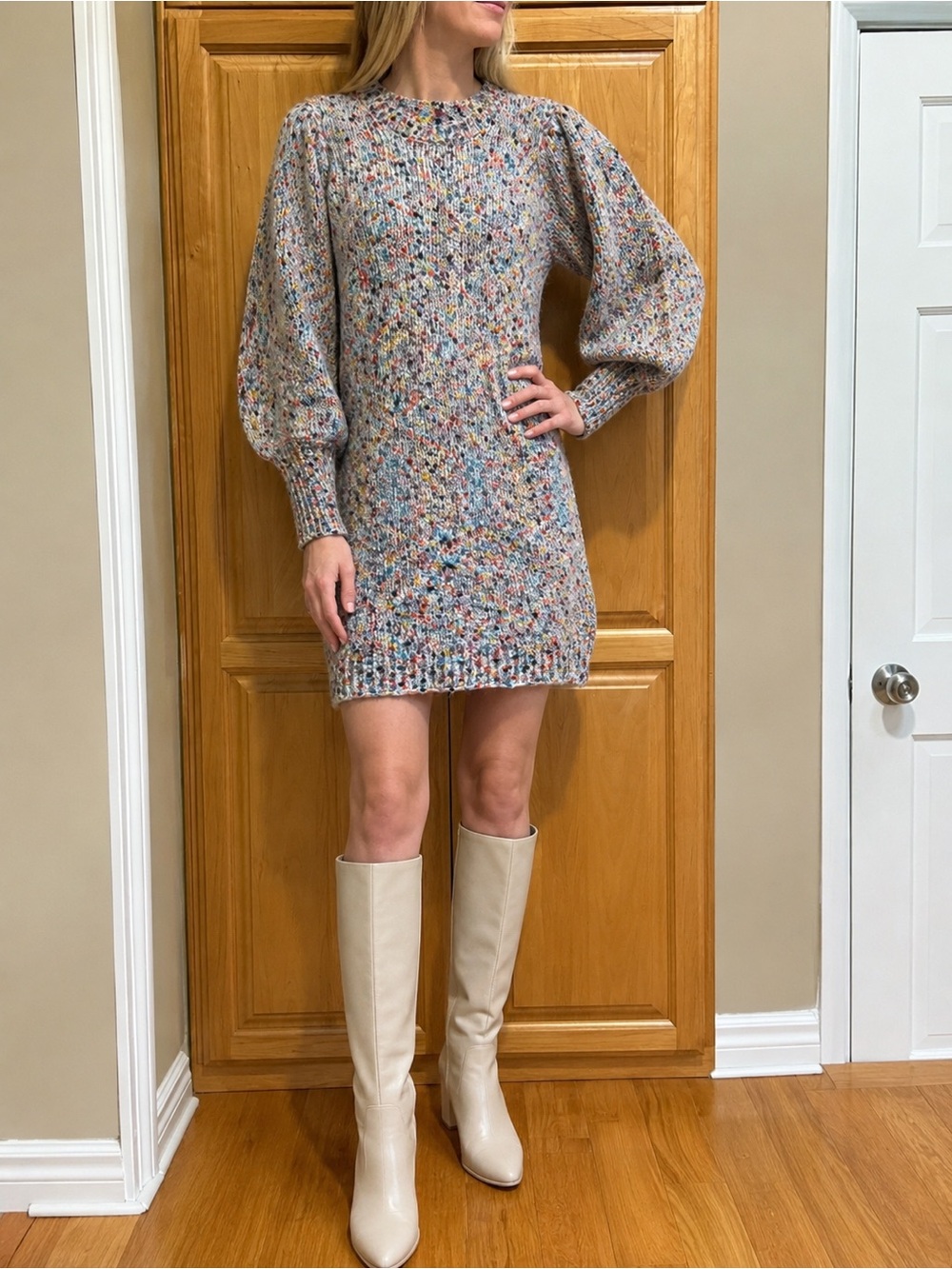 AQUA Multicolor Bouclé Knit Sweater Dress Balloon Sleeves Size S